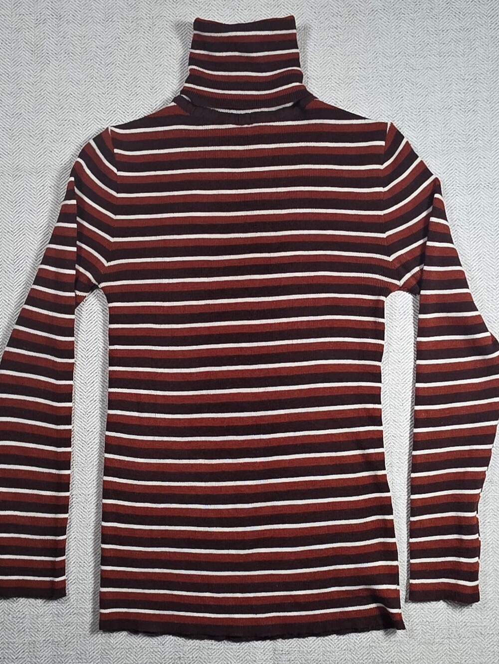 Vintage 70s Striped Turtleneck Sweater Women Medium Brown Rust Ribbed Wool Blend